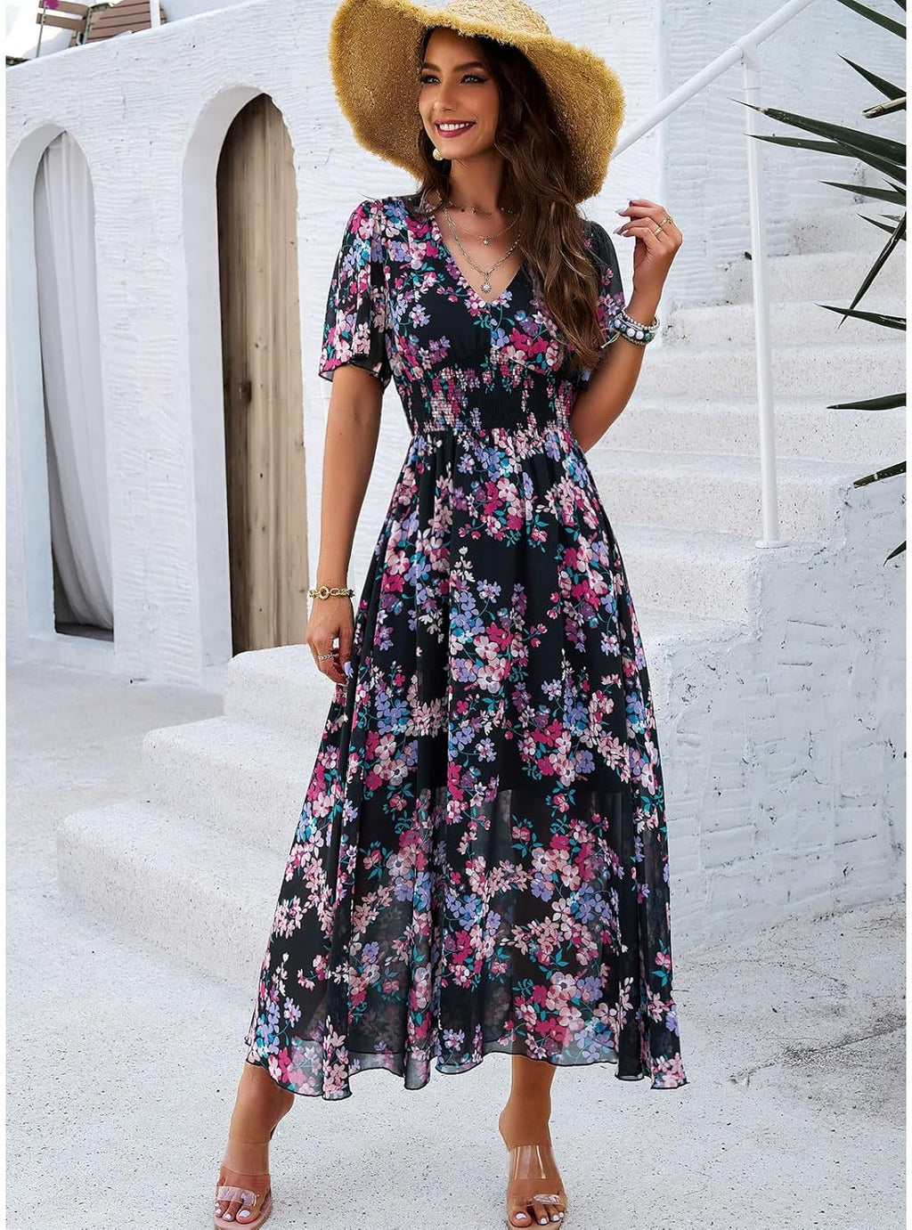 Jade Abito Donna Maxi a Fiori – Vita Alta, Scollo a V, Maniche Corte Bohémien Estate