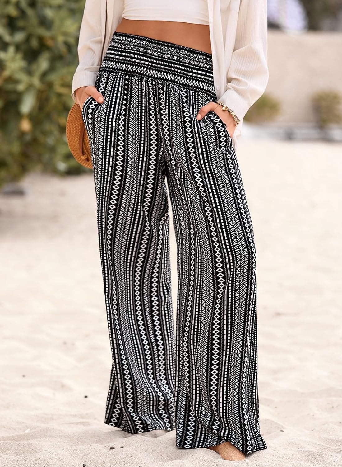 Lola Pantalone Donna – Palazzo a Fiori Taille Smockée Large & Tasche Estate