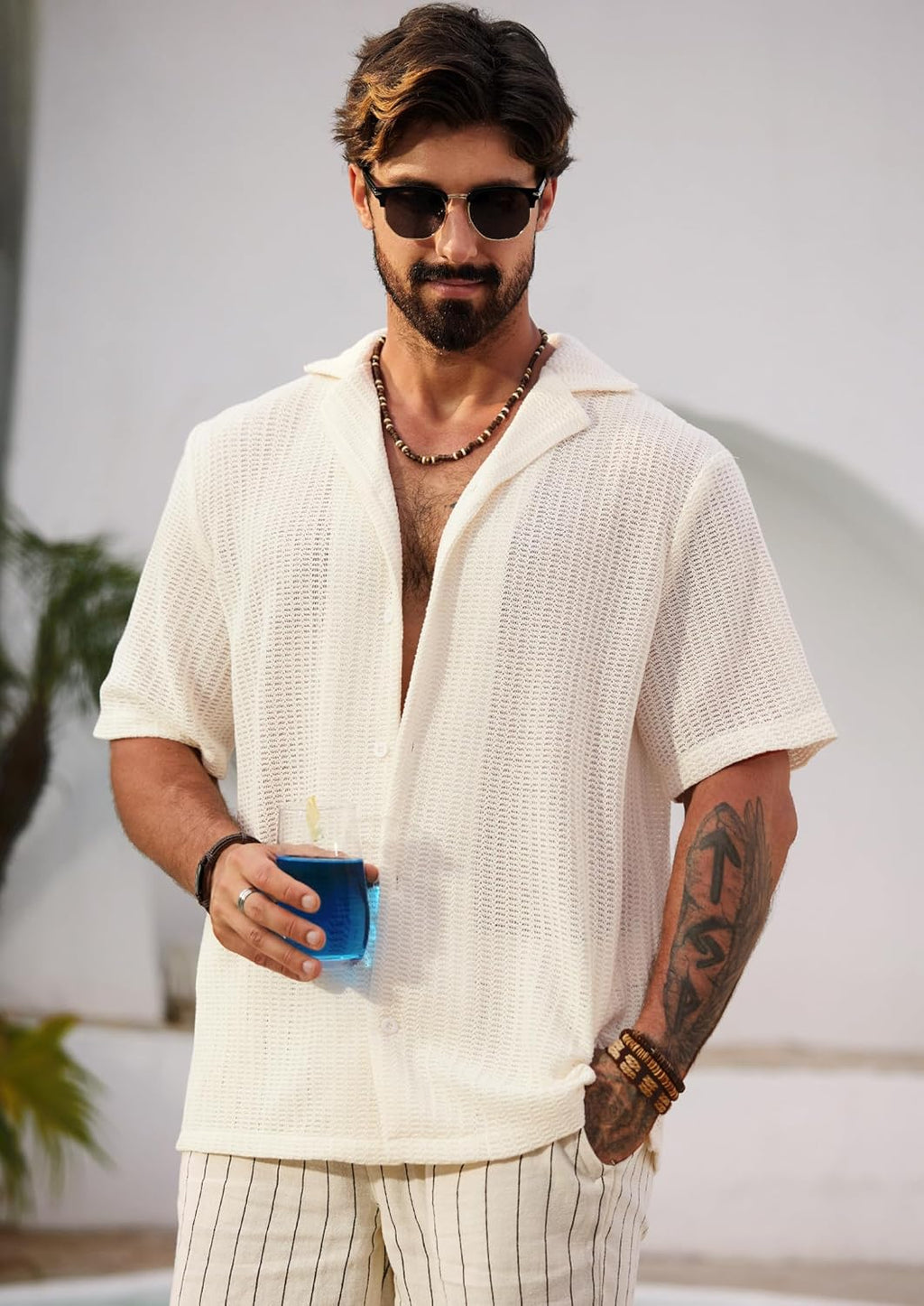 Herbert Camicia Crochet Uomo – Camicia Maglia Ajourée Style Cubain Estate