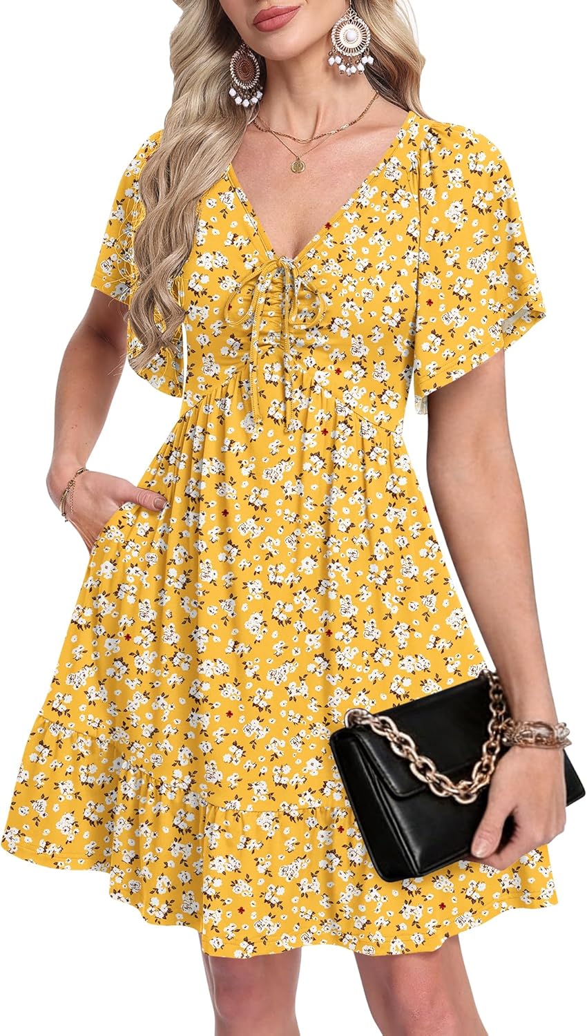 Lina Abito Donna a Trapezio – Scollo a V, Taille Regolabile, Maniche Corte, Tasche Estate