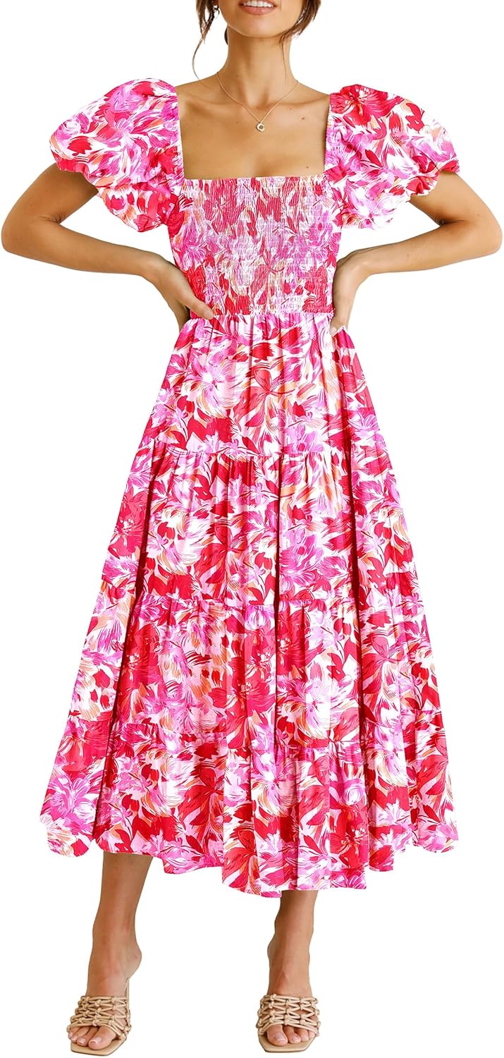 Juanna Abito Midi Donna Estate – Abito Scollo Quadrato Smockée con Manches Bouffantes & Balze