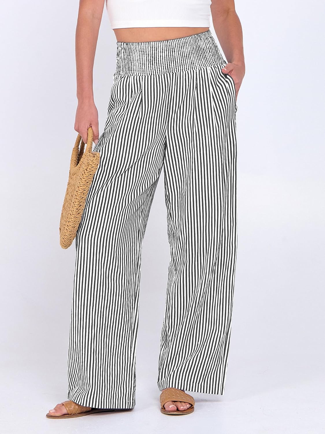 Léah Pantalone Donna – Pantalone Palazzo Rayé Vita Alta & Tasche Estate
