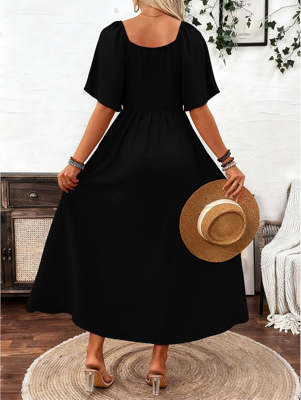 Patricia Abito Donna Maxi – Scollo Quadrato, Linea a Trapezio Fluida, Manches Chauve-Souris Estate