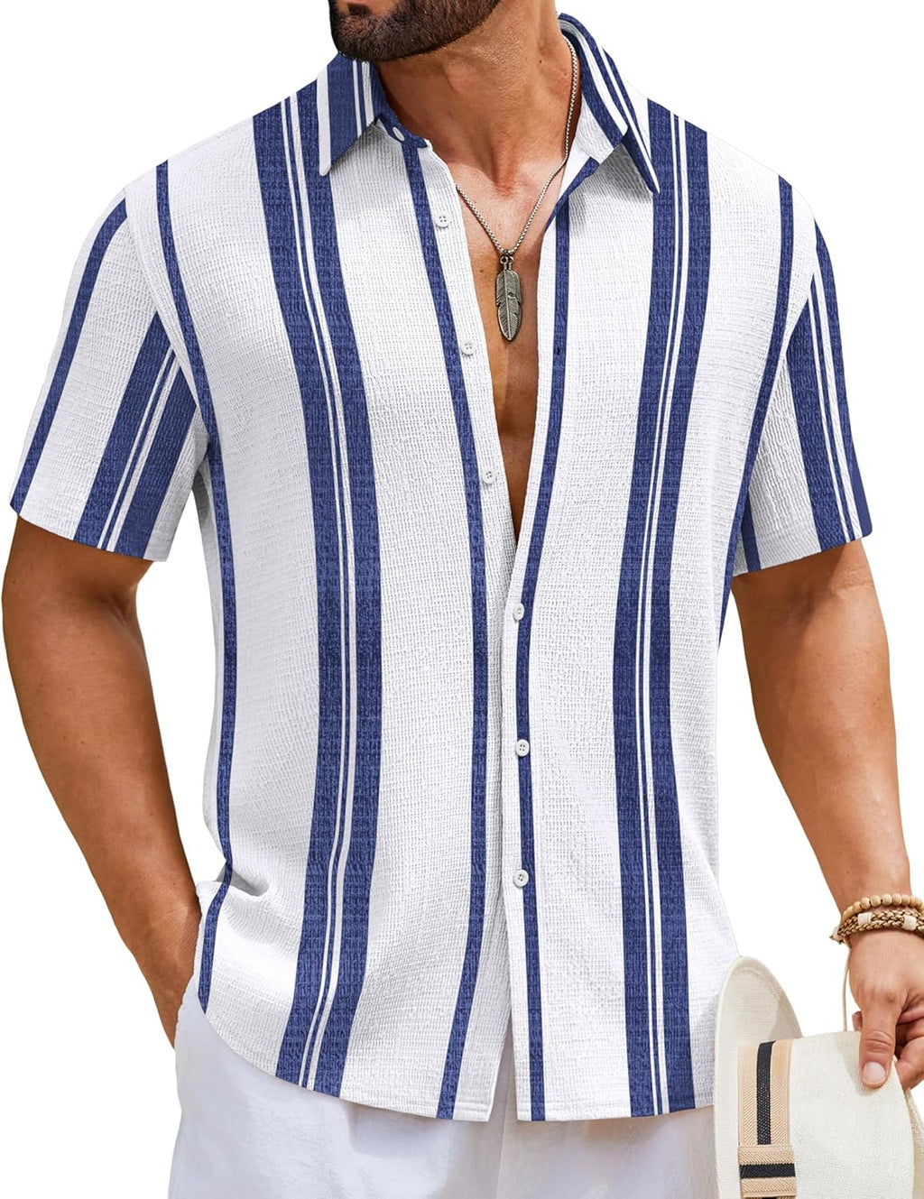 Milan Camicia Uomo – Camicia Rayée Texturée Maniche Corte, Style Estate Casual