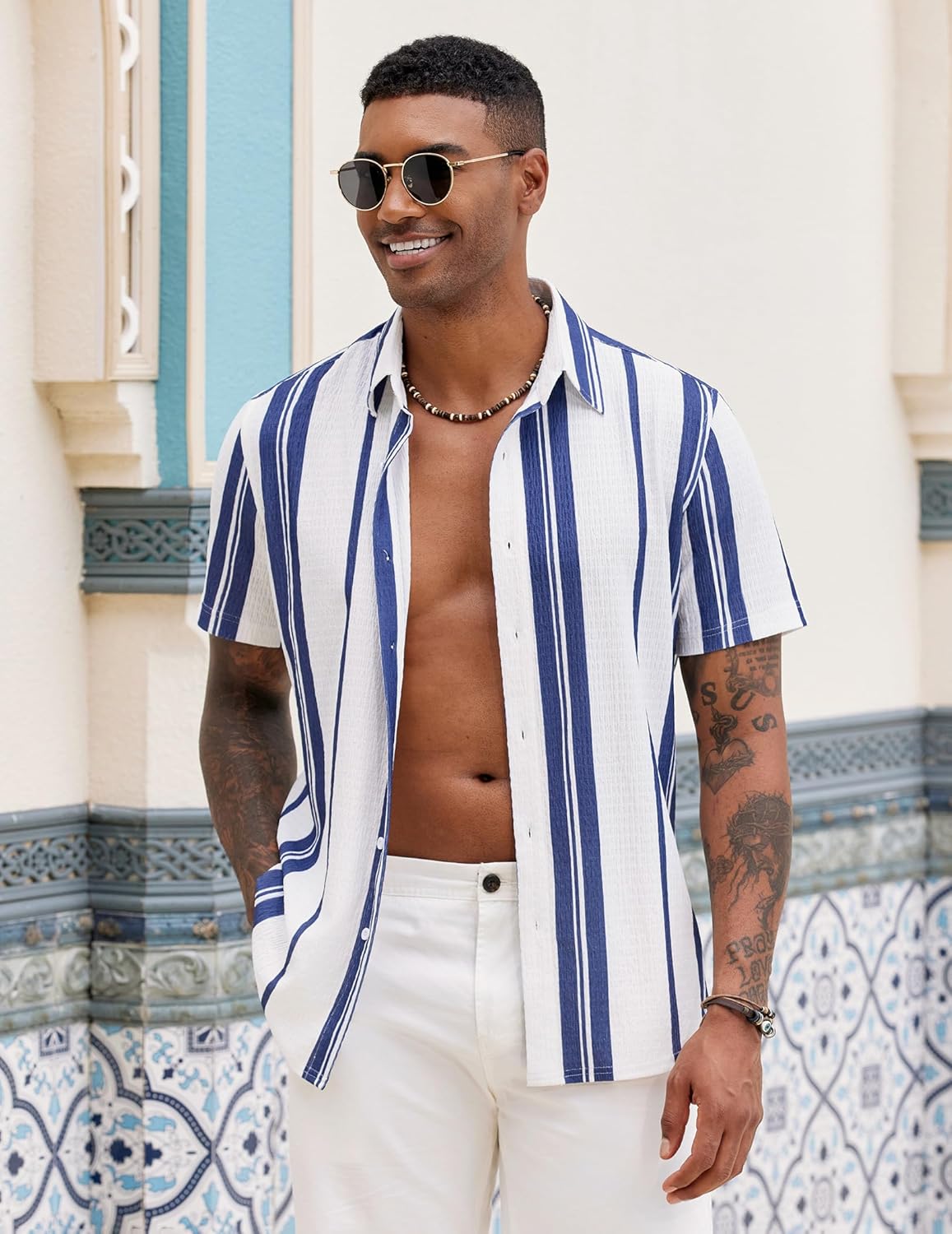 Milan Camicia Uomo – Camicia Rayée Texturée Maniche Corte, Style Estate Casual