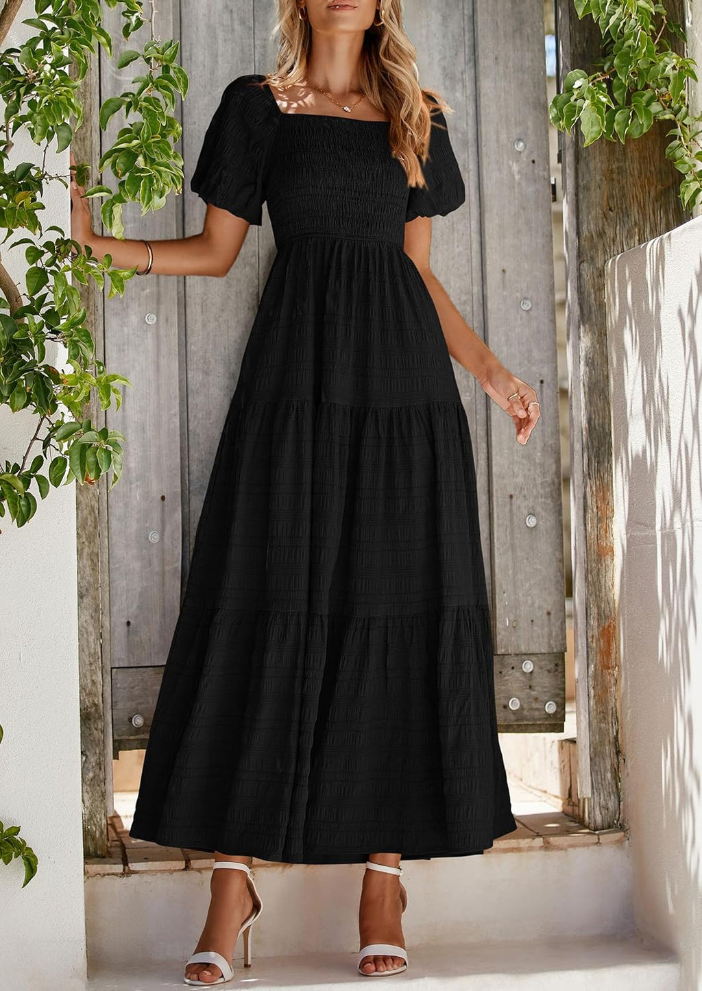 Reese Abito Maxi Donna Estate – Abito Scollo Quadrato Smockée, Manches Bouffantes & Balze Fluida
