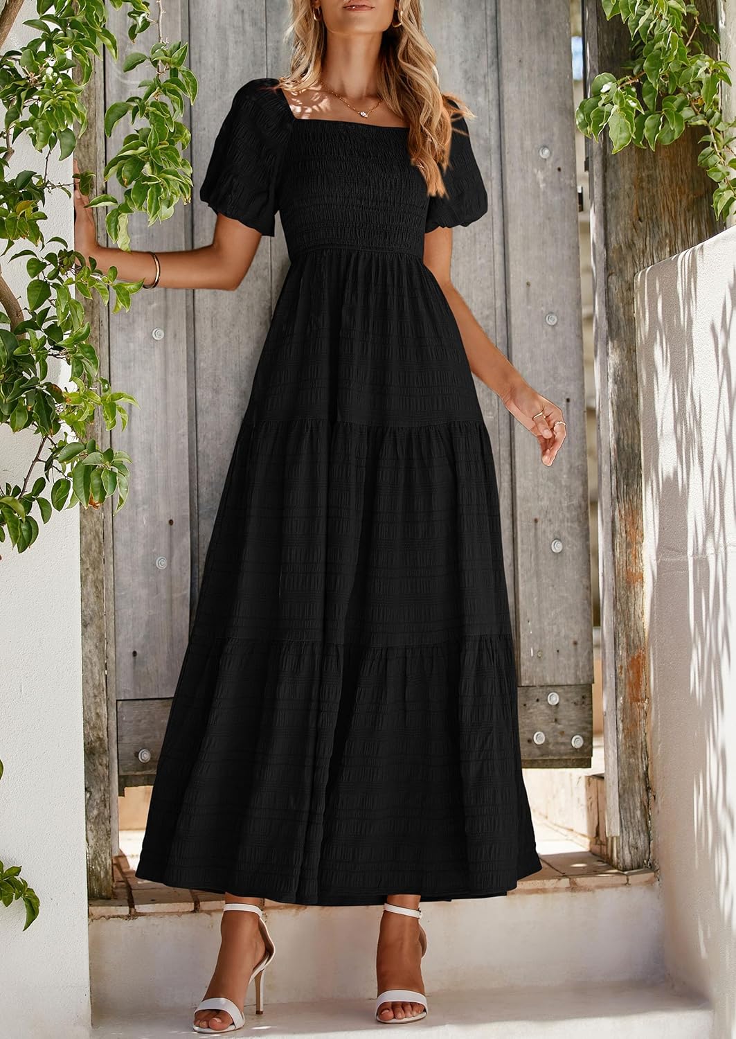 Reese Abito Maxi Donna Estate – Abito Scollo Quadrato Smockée, Manches Bouffantes & Balze Fluida