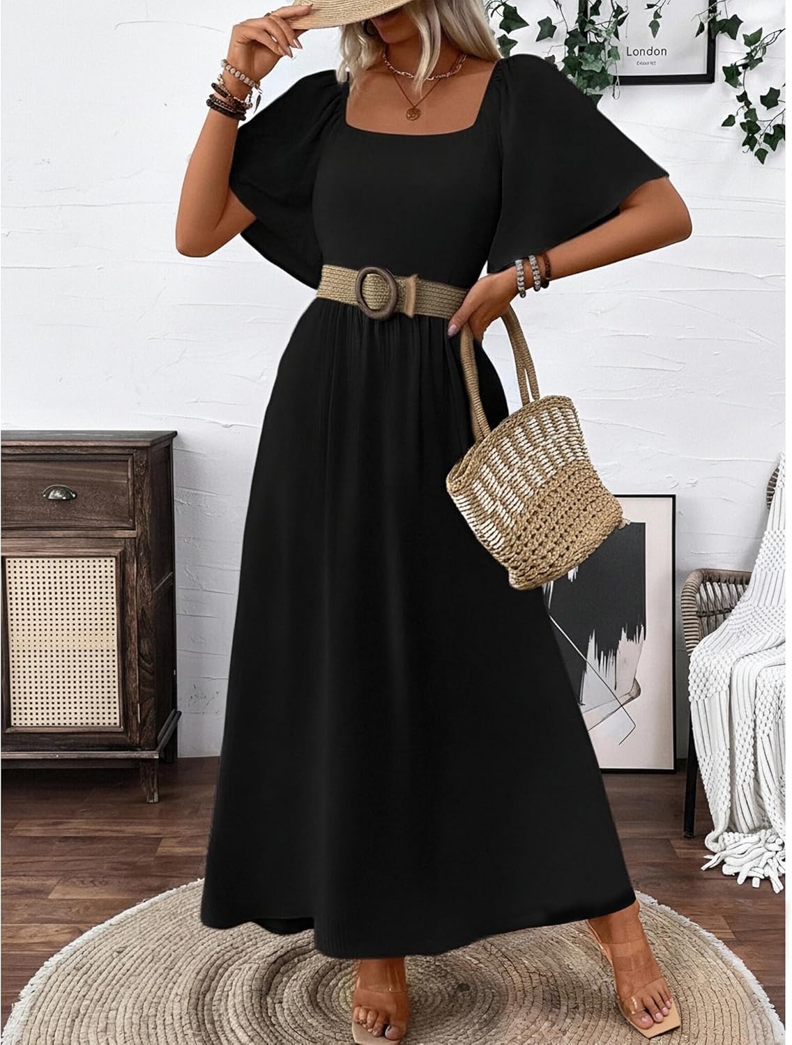 Patricia Abito Donna Maxi – Scollo Quadrato, Linea a Trapezio Fluida, Manches Chauve-Souris Estate