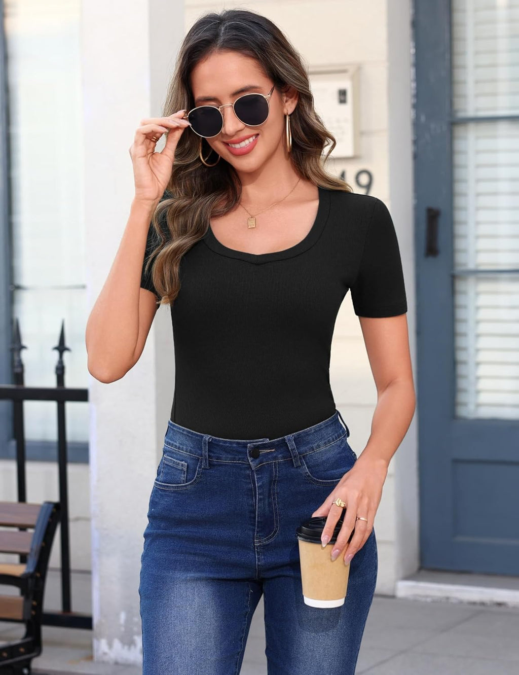 Sherry T-Shirt Donna Scollo a V – Linea Slim Côtelée Stretch, Maniche Corte Estate