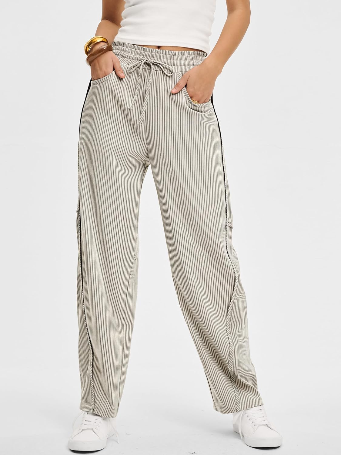 Kim Pantalone Donna Rayé Barrel – Linea Large, Vita Elastica, Style Casual