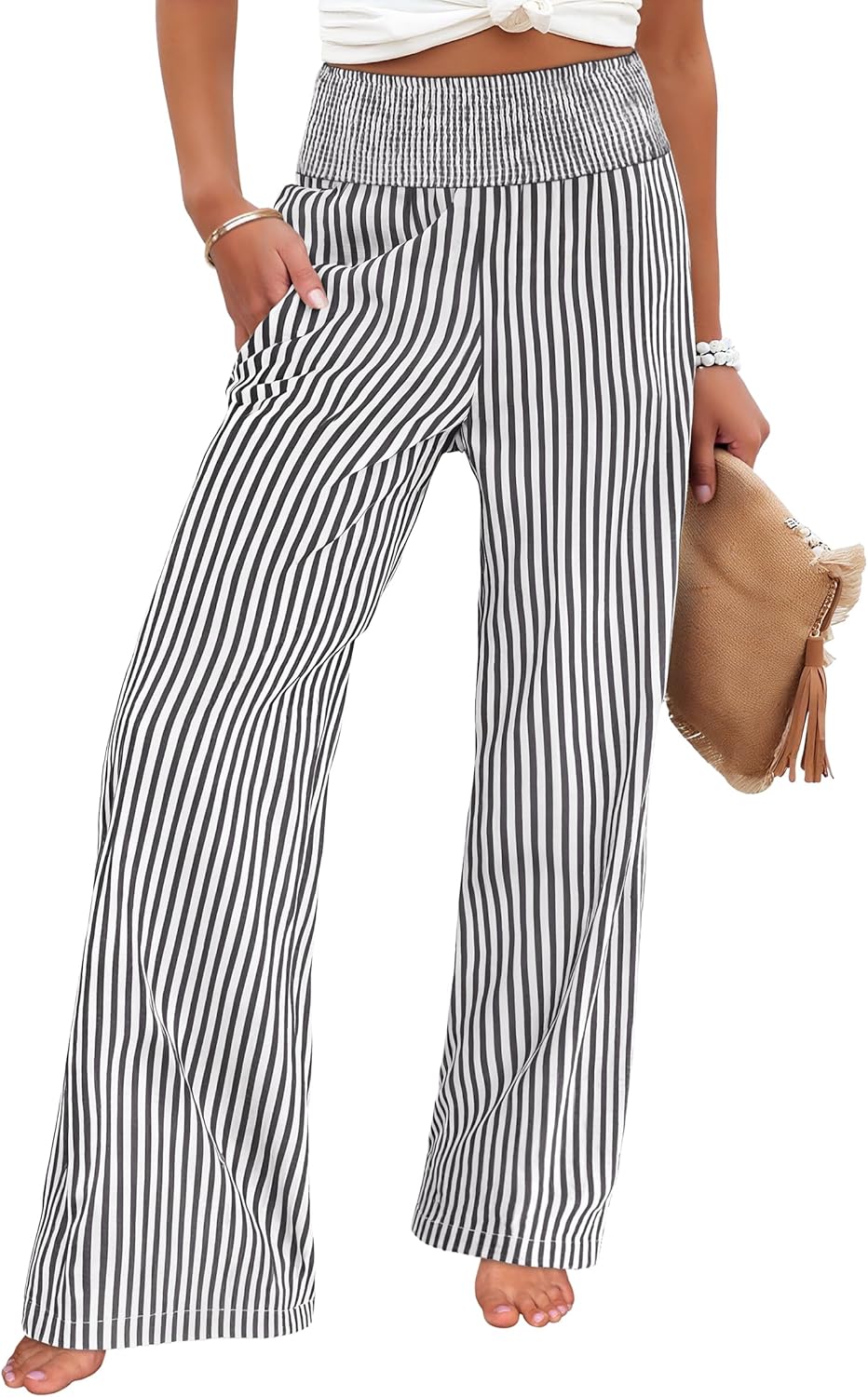 Léah Pantalone Donna – Pantalone Palazzo Rayé Vita Alta & Tasche Estate