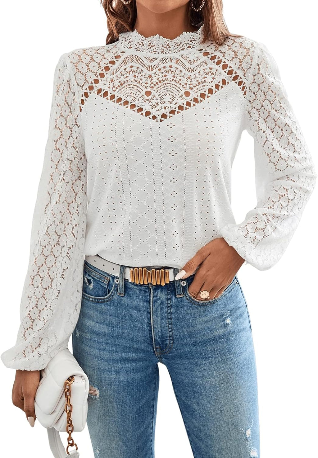 Norie Blusa Donna Pizzo – Col Montant, Manches Lanternes, Top Elegante