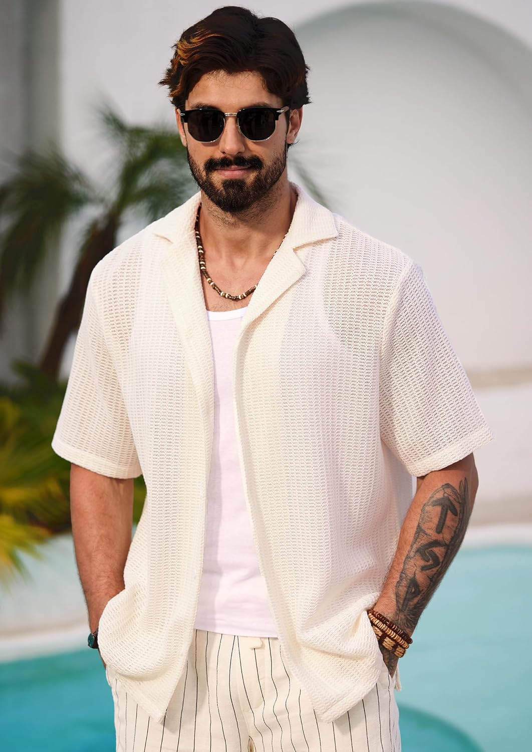 Herbert Camicia Crochet Uomo – Camicia Maglia Ajourée Style Cubain Estate