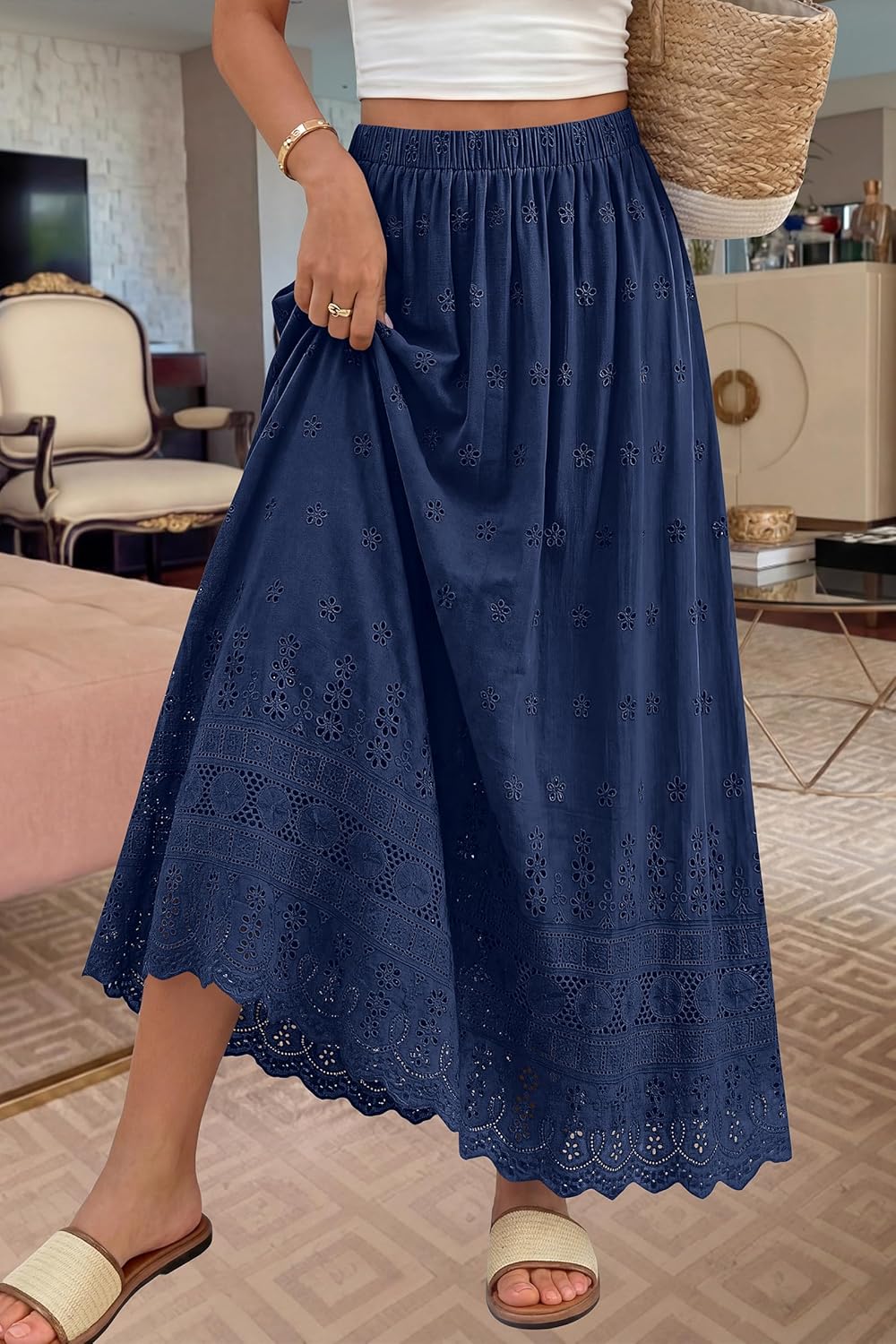 Marie Dowerme Gonna Maxi Donna – Vita Alta Elastica, Cotone Brodé Bohémien a Trapezio
