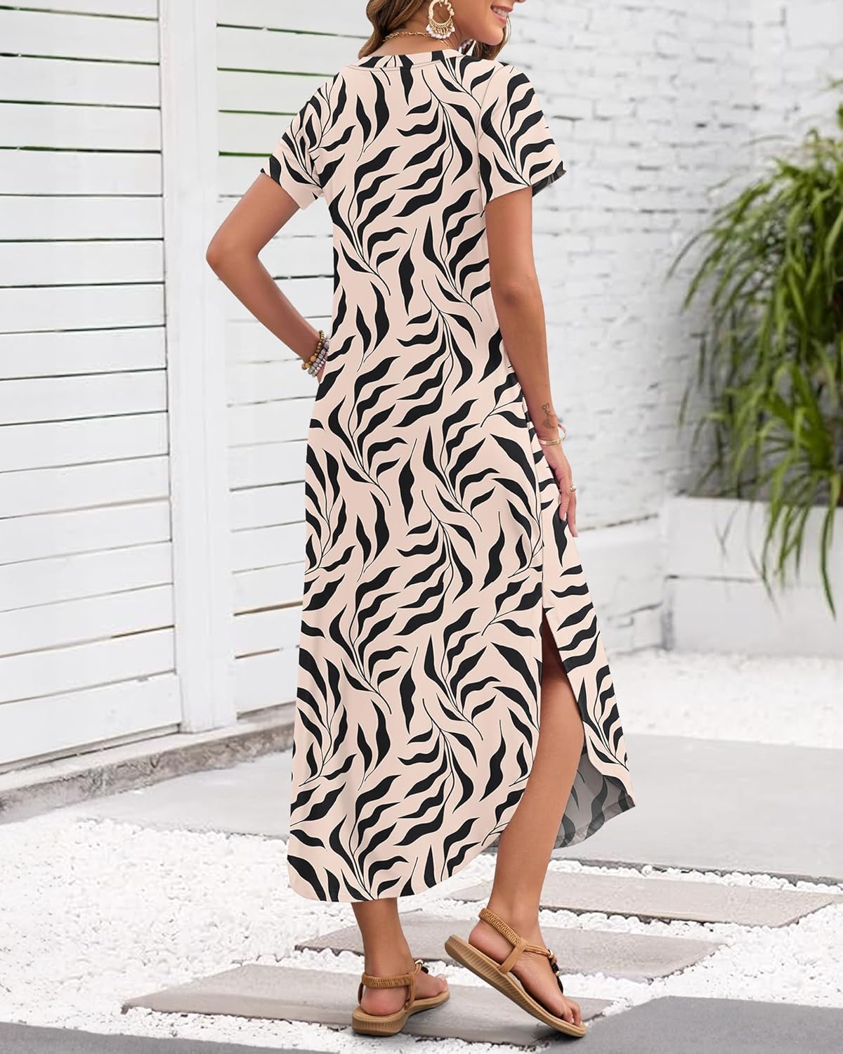 Nina Abito Maxi Donna Estate – Abito Longue Scollo a V con Fente, Maniche Corte & Tasche