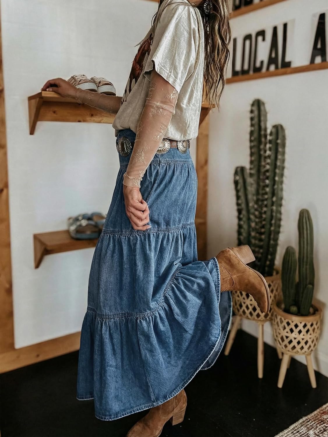 Verna Gonna Jeans Donna – Gonna Maxi Denim Vita Alta, Balze & Tasche