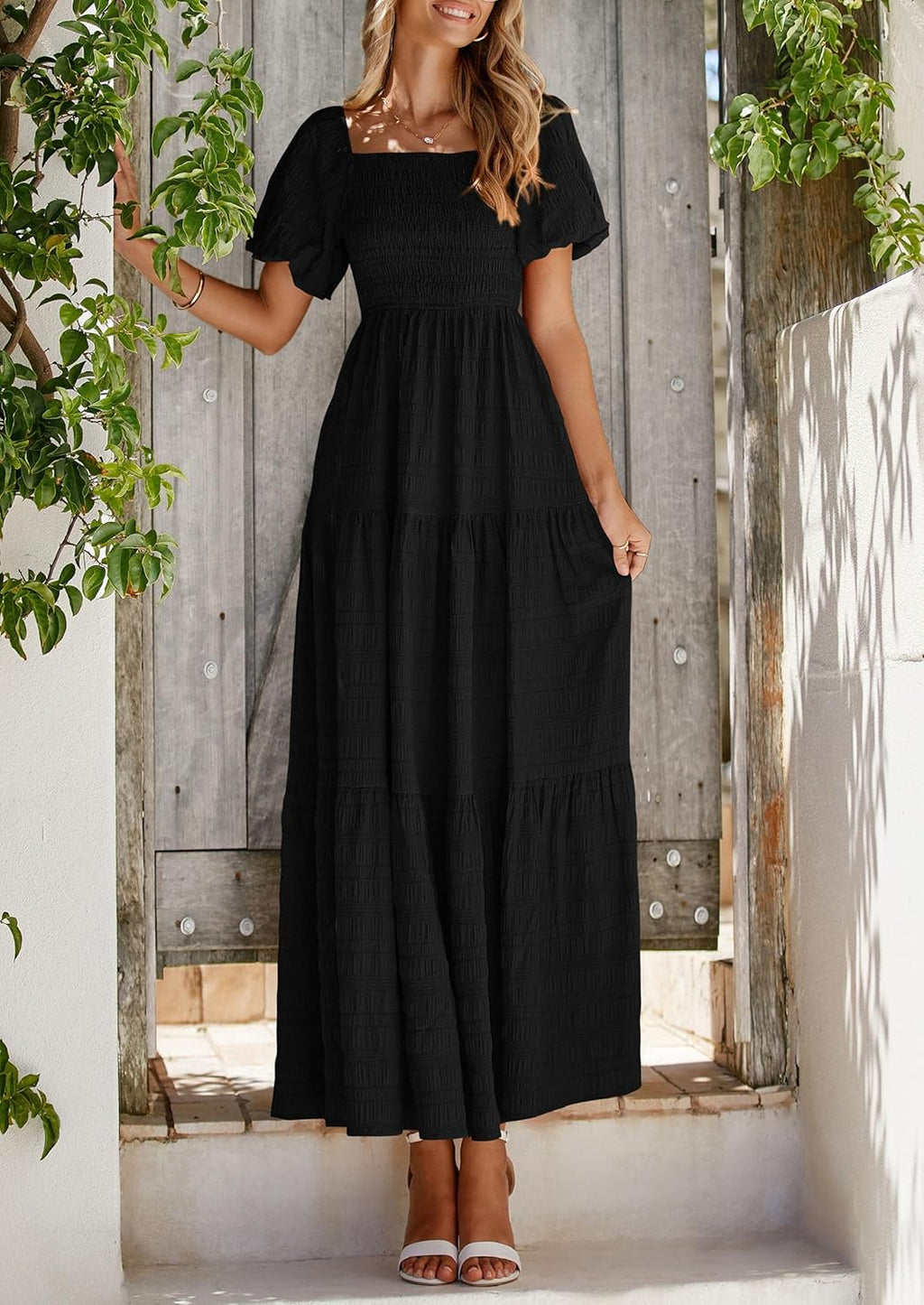 Reese Abito Maxi Donna Estate – Abito Scollo Quadrato Smockée, Manches Bouffantes & Balze Fluida