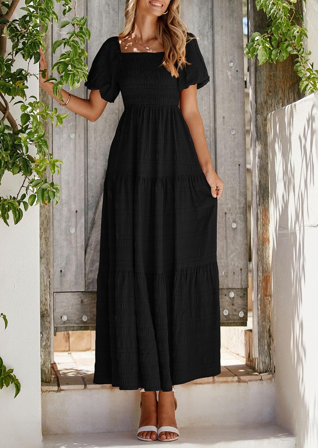 Reese Abito Maxi Donna Estate – Abito Scollo Quadrato Smockée, Manches Bouffantes & Balze Fluida