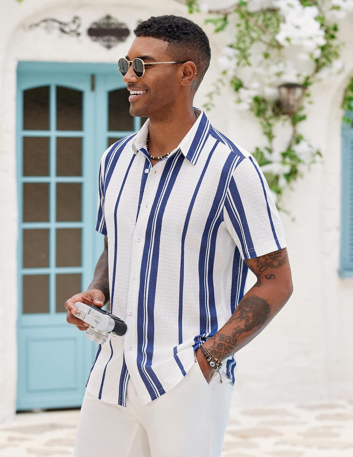 Milan Camicia Uomo – Camicia Rayée Texturée Maniche Corte, Style Estate Casual