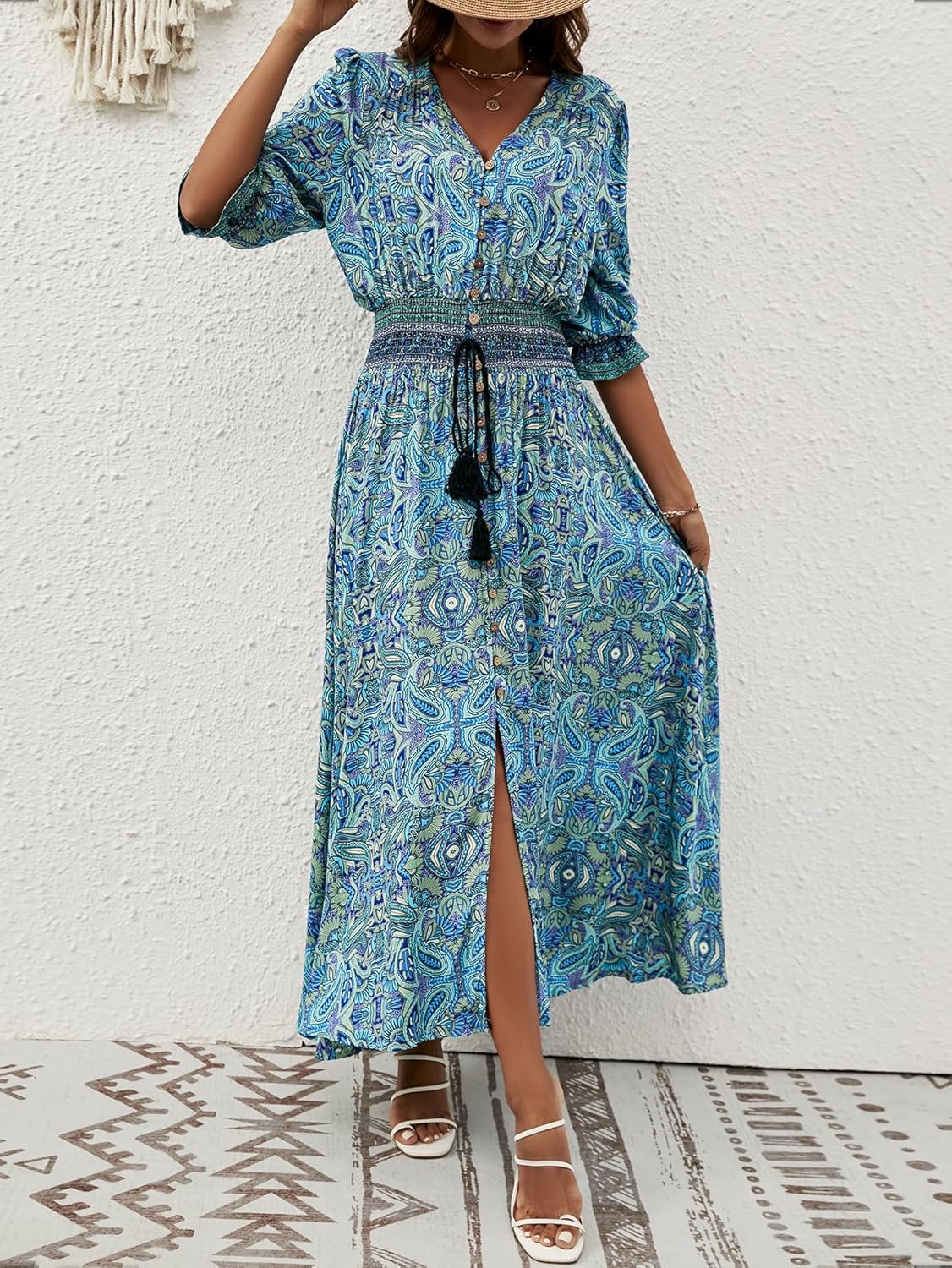 Liezl Abito Donna Bohémien a Fiori – Scollo a V Cache-Cœur, Midi Fluida, Manches 3/4