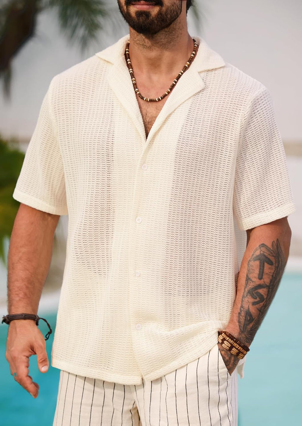 Herbert Camicia Crochet Uomo – Camicia Maglia Ajourée Style Cubain Estate