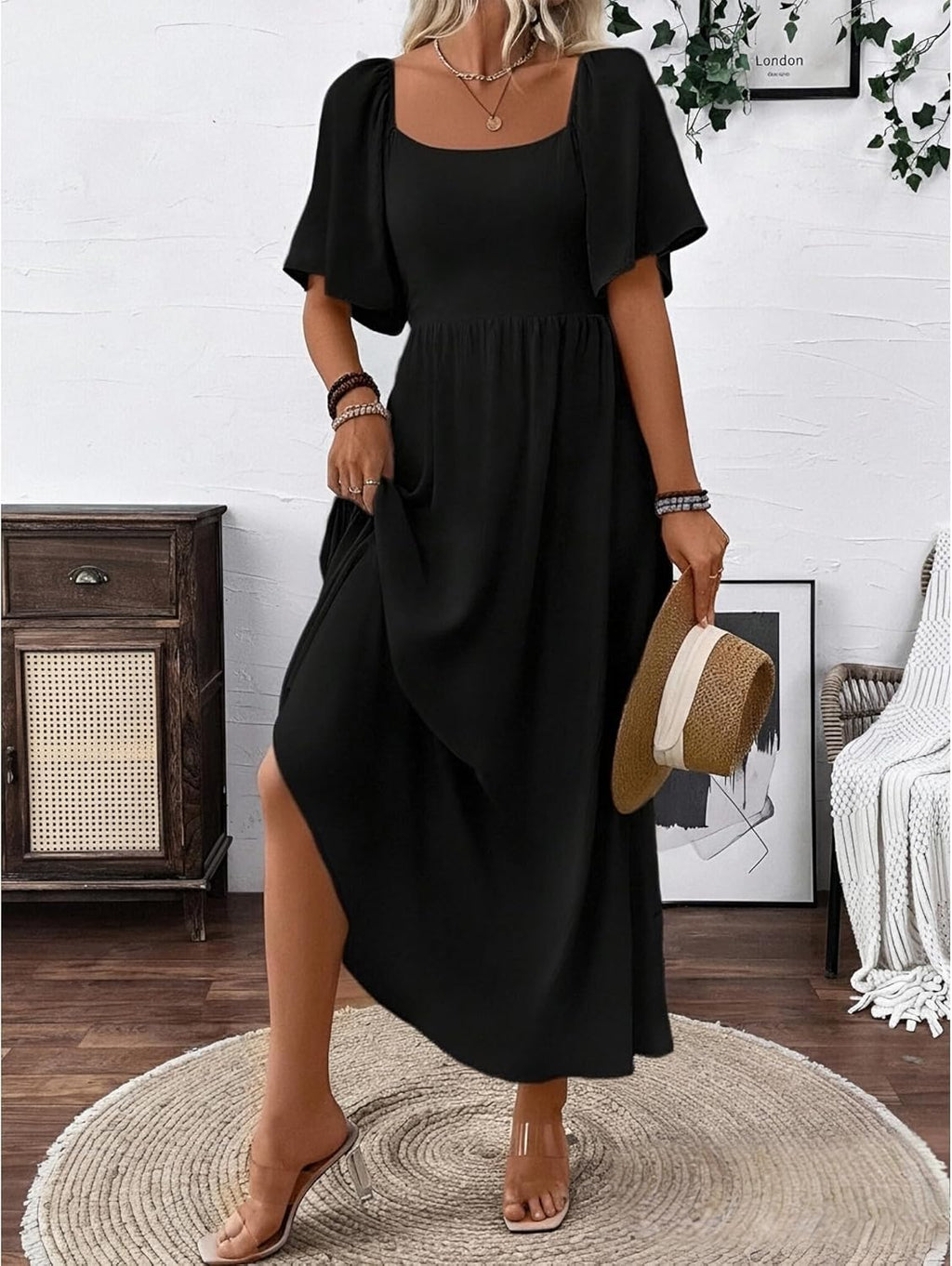 Patricia Abito Donna Maxi – Scollo Quadrato, Linea a Trapezio Fluida, Manches Chauve-Souris Estate