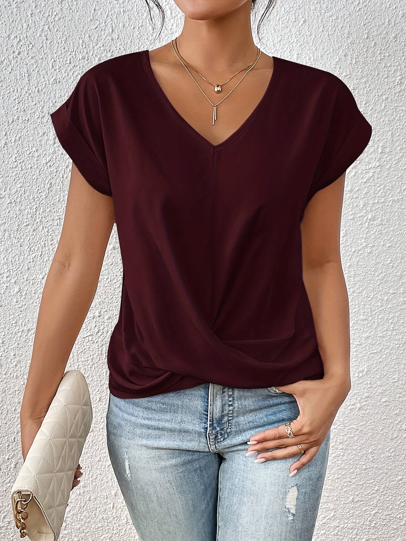 Yasmine Top Donna – Col in V con Détail Nœud, Drapé Elegante & Linea Confortevole
