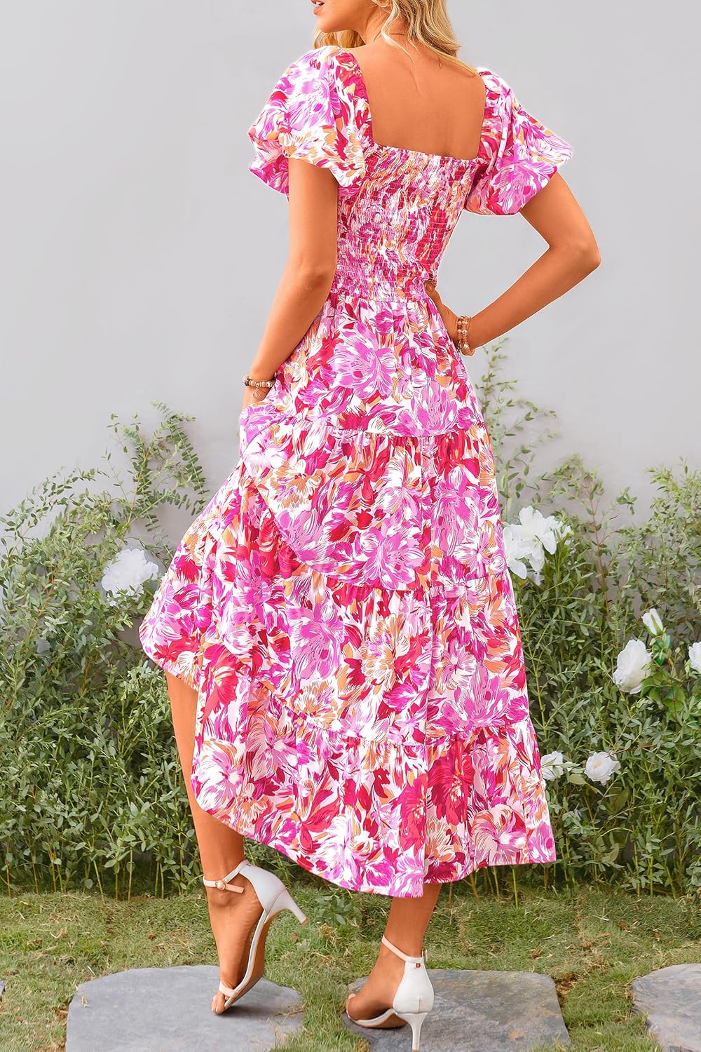 Juanna Abito Midi Donna Estate – Abito Scollo Quadrato Smockée con Manches Bouffantes & Balze