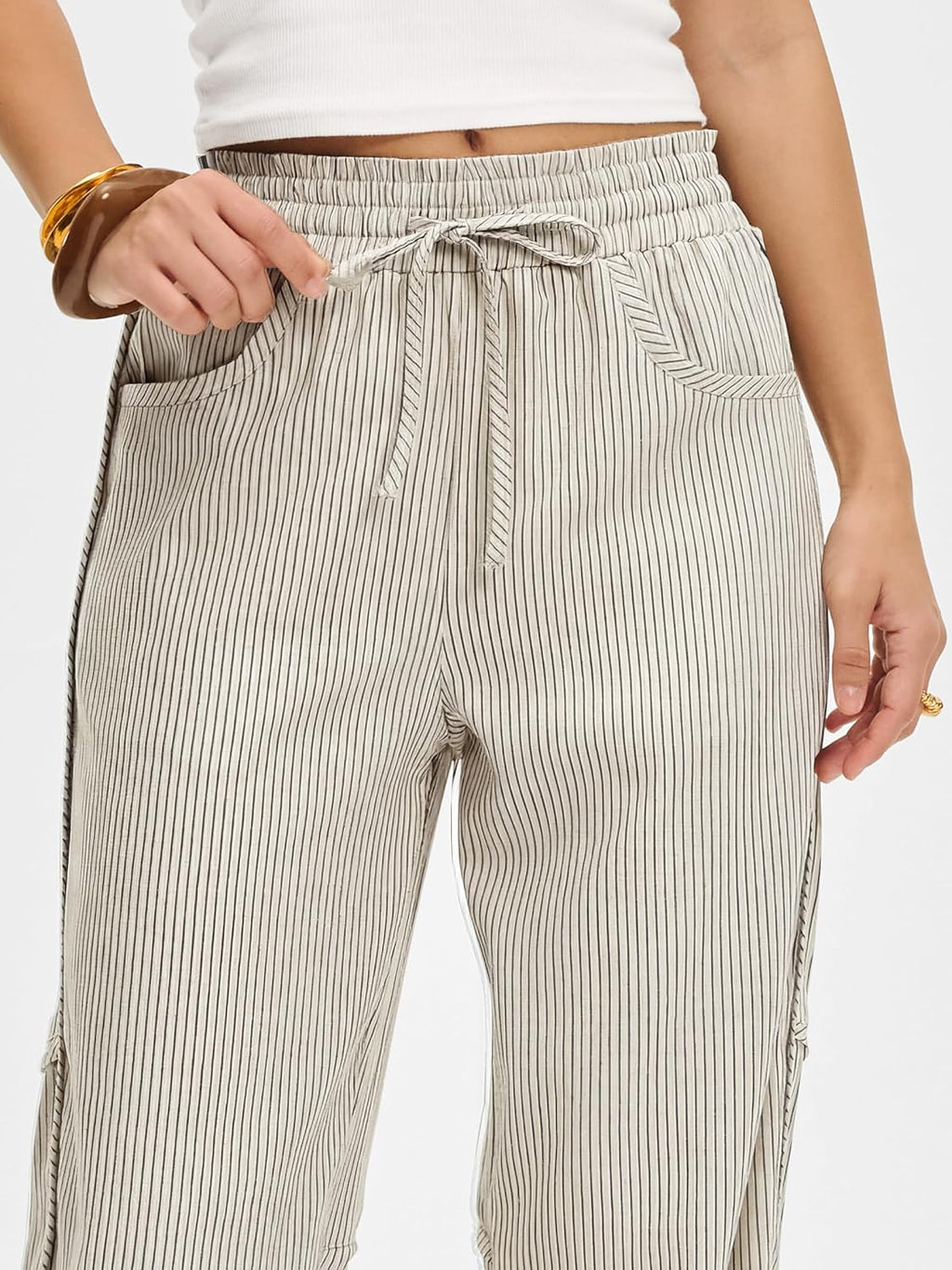 Kim Pantalone Donna Rayé Barrel – Linea Large, Vita Elastica, Style Casual