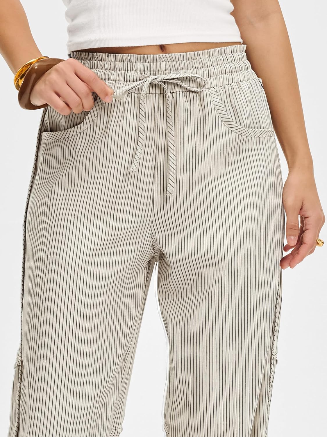 Kim Pantalone Donna Rayé Barrel – Linea Large, Vita Elastica, Style Casual
