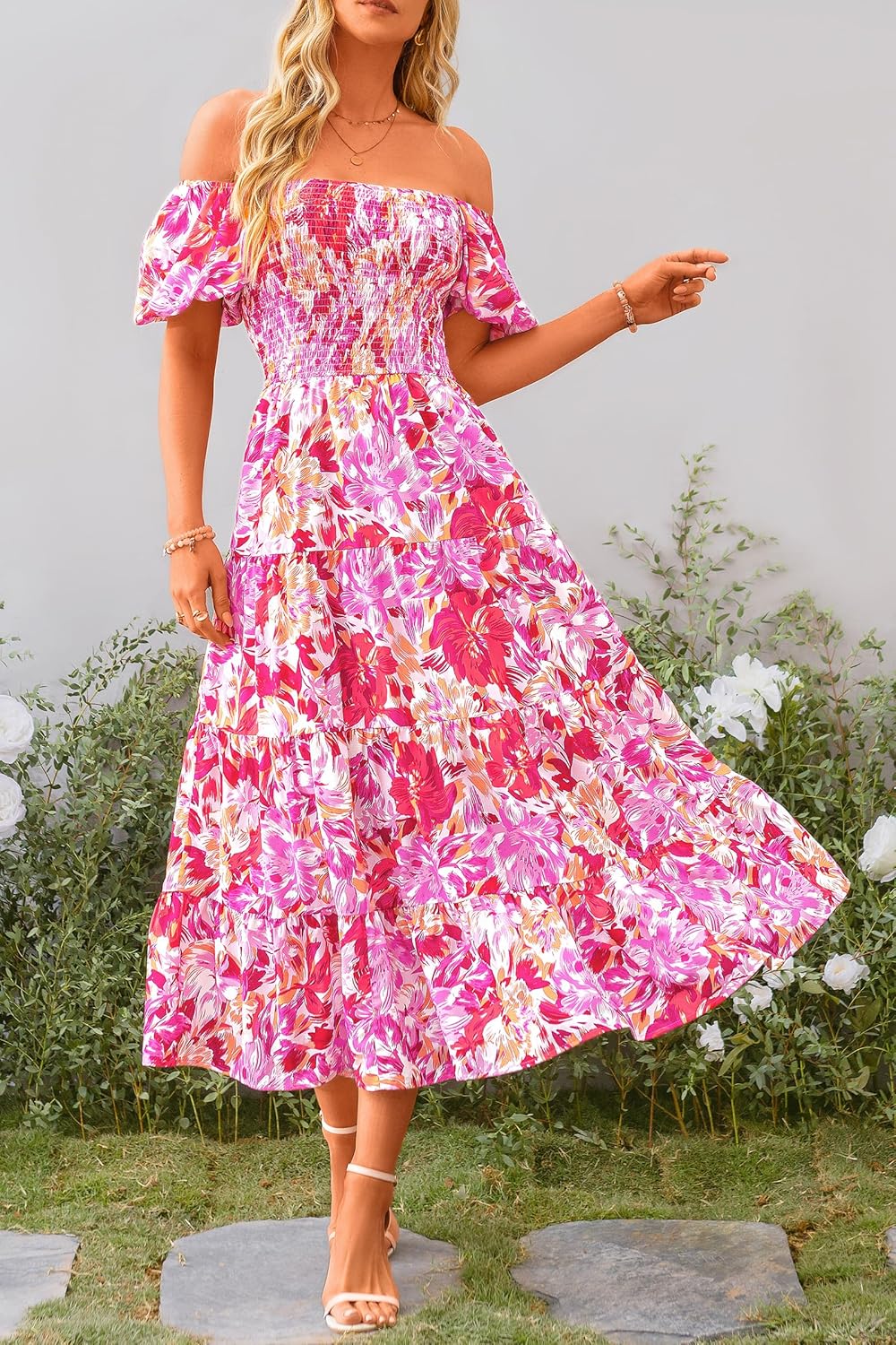 Juanna Abito Midi Donna Estate – Abito Scollo Quadrato Smockée con Manches Bouffantes & Balze