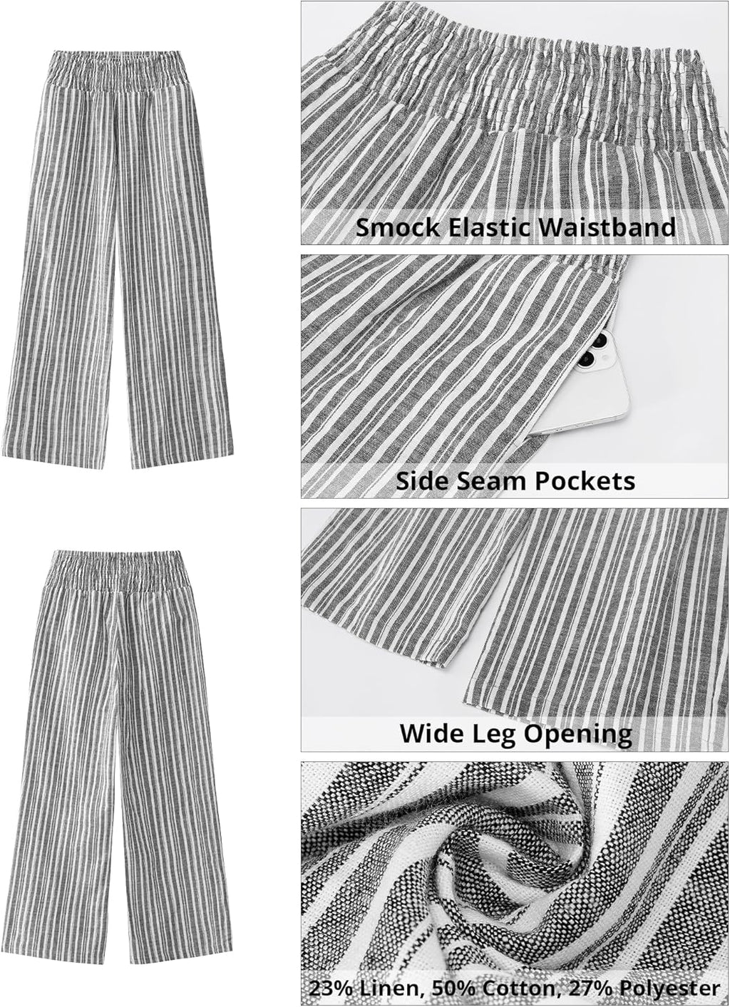 Rian Pantalone Donna Lin Rayé – Palazzo Large Vita Alta Elastica Estate Chic