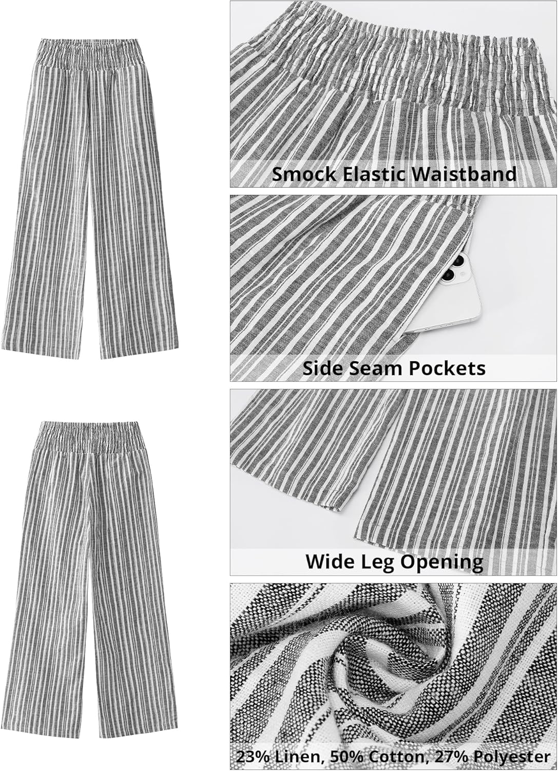 Rian Pantalone Donna Lin Rayé – Palazzo Large Vita Alta Elastica Estate Chic