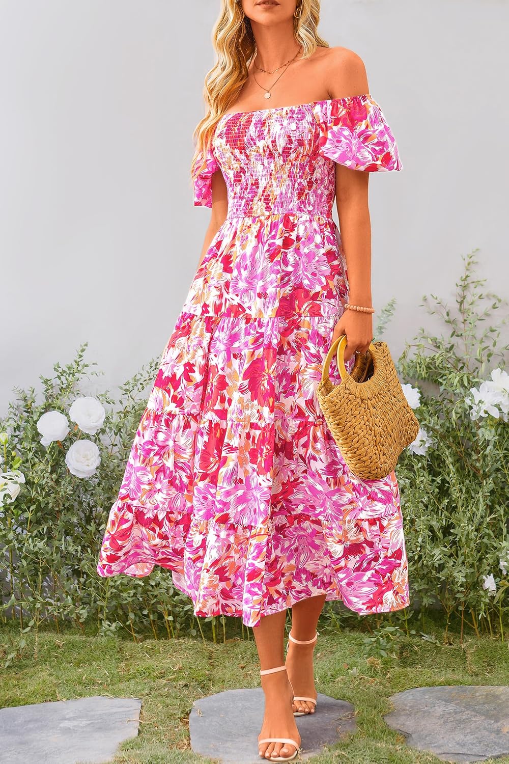 Juanna Abito Midi Donna Estate – Abito Scollo Quadrato Smockée con Manches Bouffantes & Balze