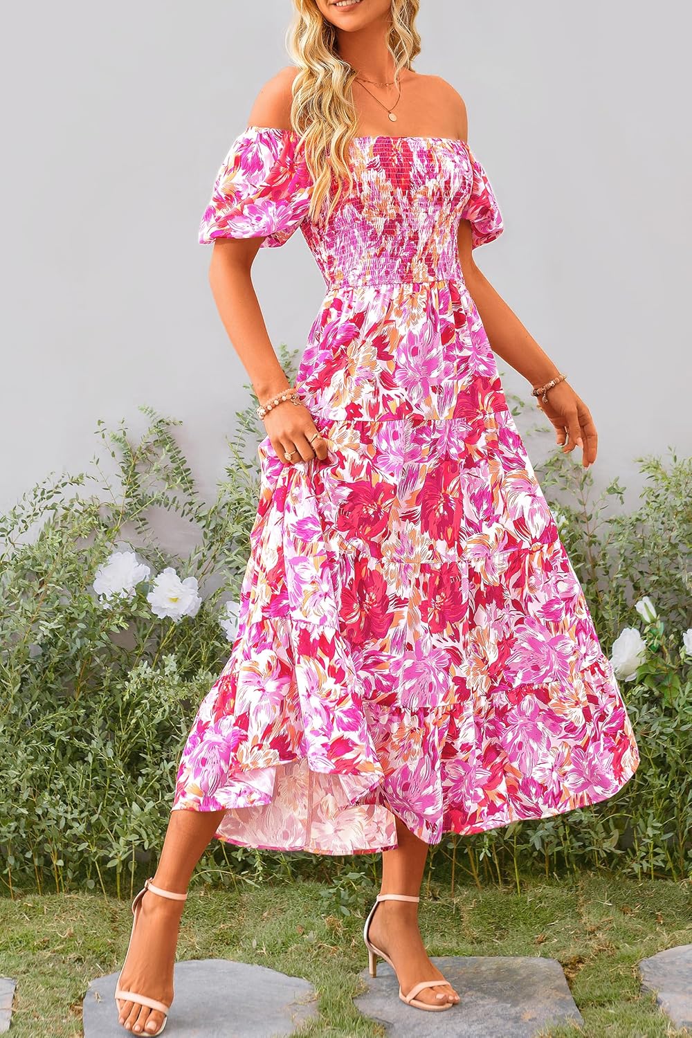 Juanna Abito Midi Donna Estate – Abito Scollo Quadrato Smockée con Manches Bouffantes & Balze