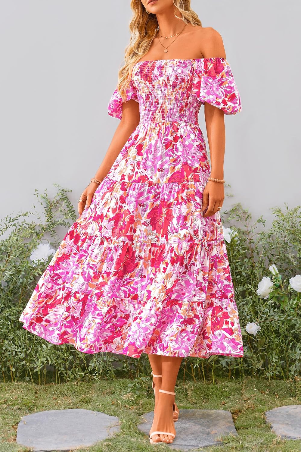 Juanna Abito Midi Donna Estate – Abito Scollo Quadrato Smockée con Manches Bouffantes & Balze