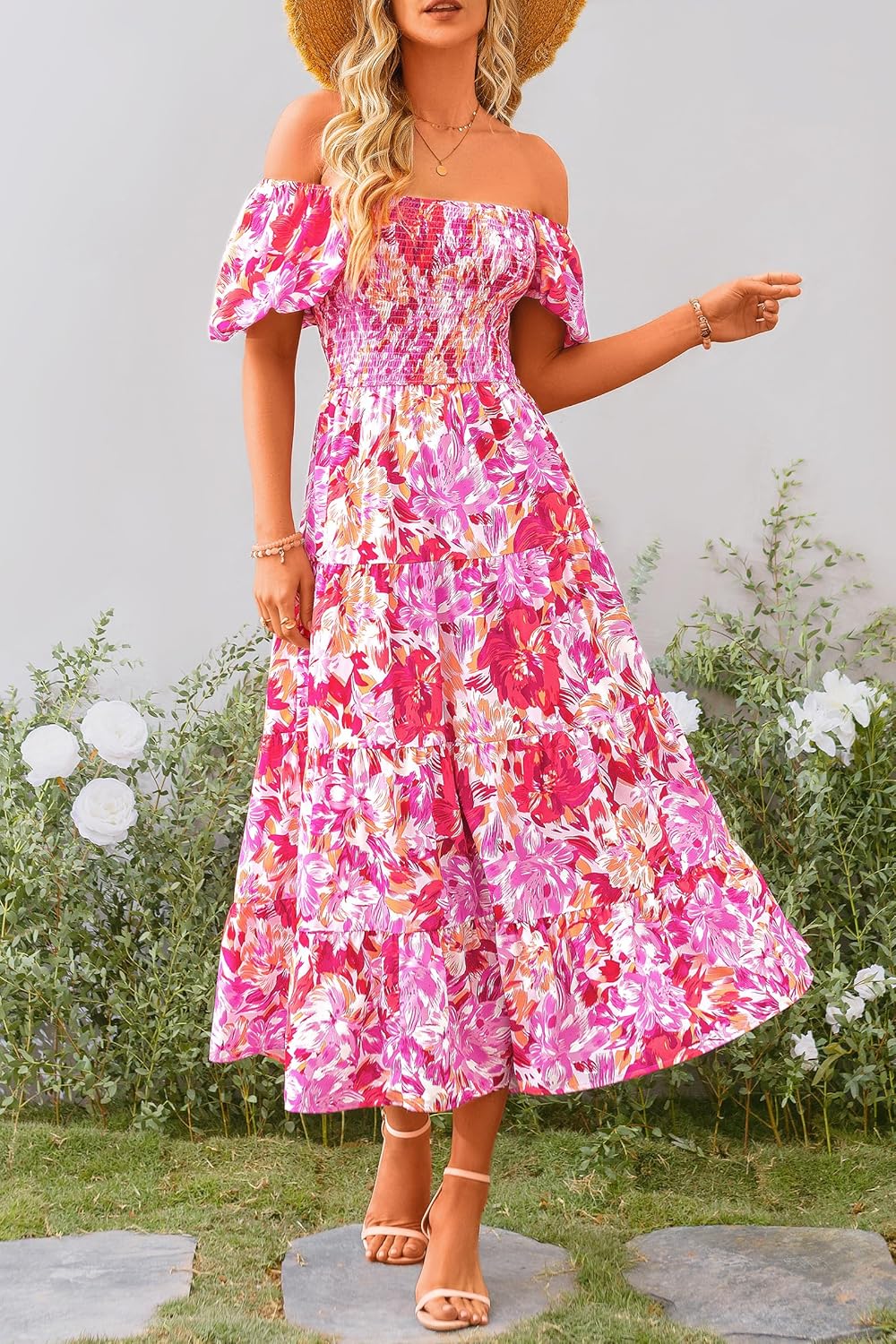 Juanna Abito Midi Donna Estate – Abito Scollo Quadrato Smockée con Manches Bouffantes & Balze