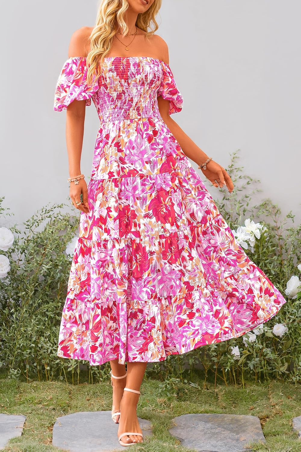 Juanna Abito Midi Donna Estate – Abito Scollo Quadrato Smockée con Manches Bouffantes & Balze