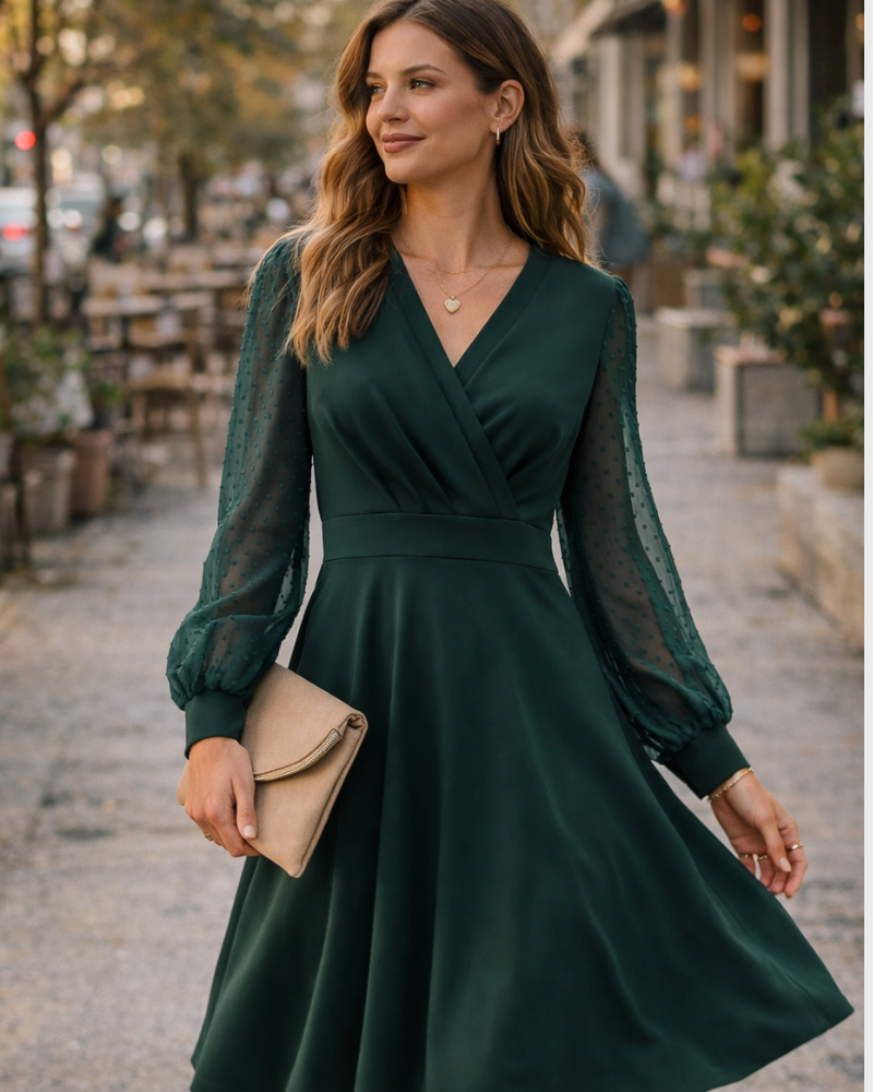 Juana Abito Donna – Style Vintage Scollo a V, Maniche Lunghe & Linea a Trapezio Midi Elegante