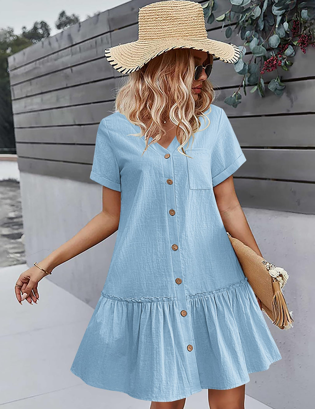 Trixie Abito Donna – Scollo a V Boutonnée, Cotone Lin Vestibilità Ampia & Ourlet Balze Estate