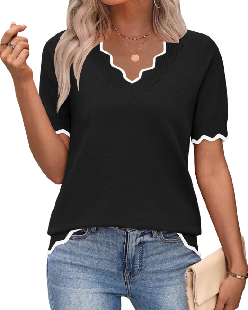 Amirah Top Donna – Maglione Leggero Maniche Corte Scollo a V Elegante Business Casual
