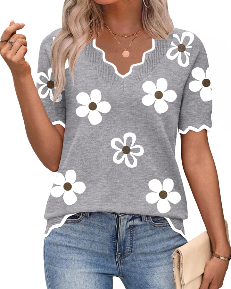 Amirah Top Donna – Maglione Leggero Maniche Corte Scollo a V Elegante Business Casual
