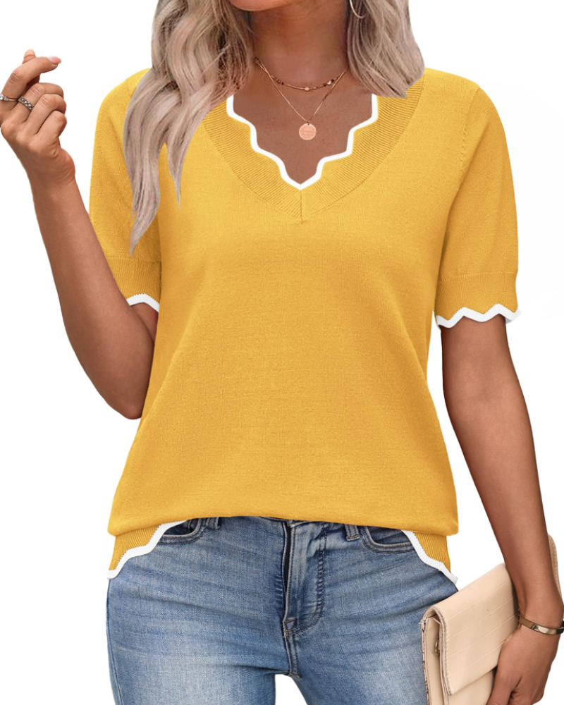 Amirah Top Donna – Maglione Leggero Maniche Corte Scollo a V Elegante Business Casual
