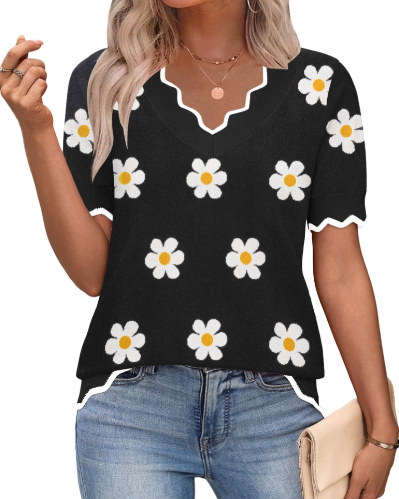 Amirah Top Donna – Maglione Leggero Maniche Corte Scollo a V Elegante Business Casual