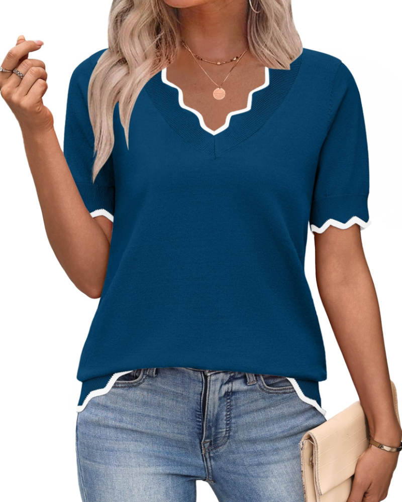 Amirah Top Donna – Maglione Leggero Maniche Corte Scollo a V Elegante Business Casual