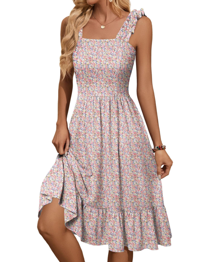 Armenia Abito Midi Donna – Abito Estate Scollo Quadrato a Bretella Elastiche, Linea a Trapezio Fluida con Balze