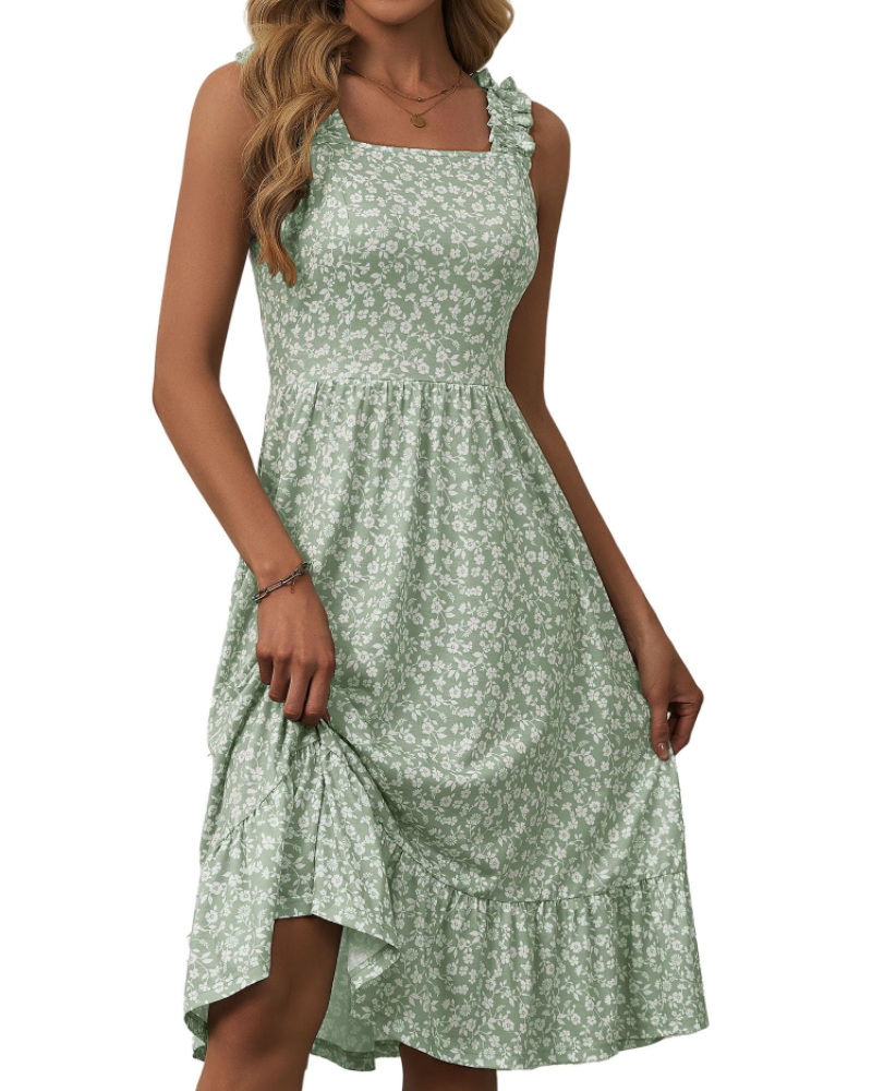 Armenia Abito Midi Donna – Abito Estate Scollo Quadrato a Bretella Elastiche, Linea a Trapezio Fluida con Balze