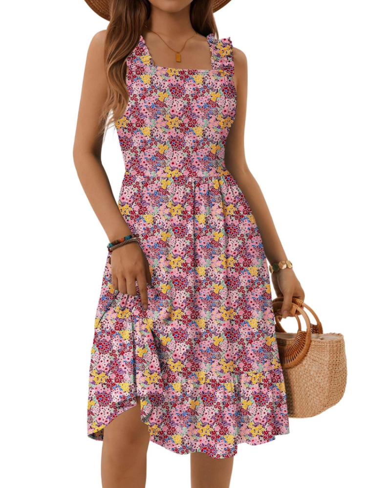 Armenia Abito Midi Donna – Abito Estate Scollo Quadrato a Bretella Elastiche, Linea a Trapezio Fluida con Balze