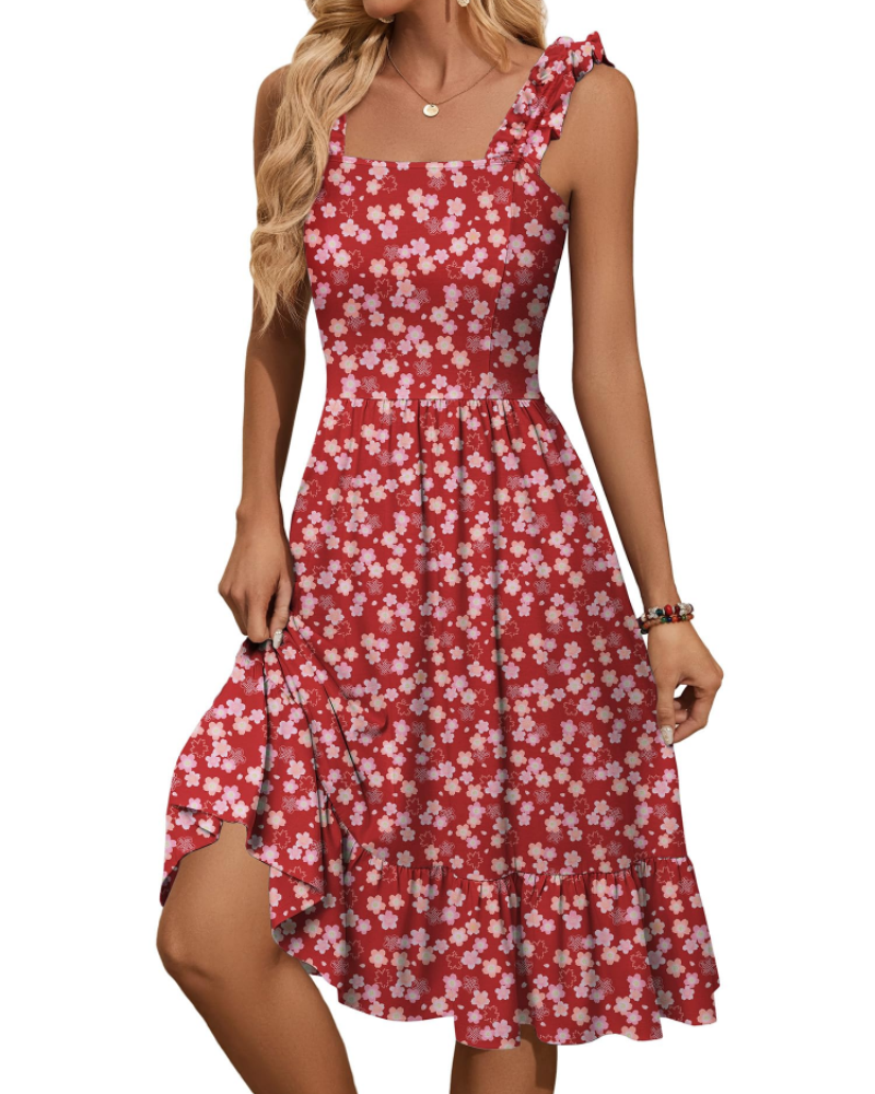 Armenia Abito Midi Donna – Abito Estate Scollo Quadrato a Bretella Elastiche, Linea a Trapezio Fluida con Balze