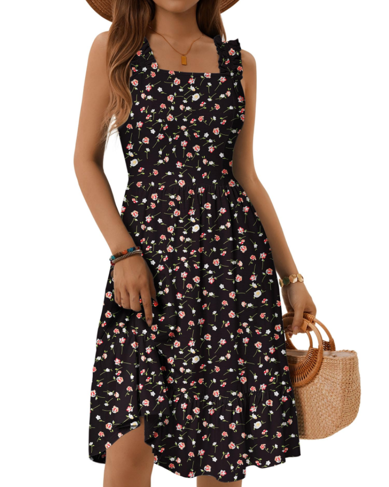 Armenia Abito Midi Donna – Abito Estate Scollo Quadrato a Bretella Elastiche, Linea a Trapezio Fluida con Balze